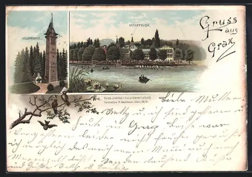 Lithographie Graz, Hilmwarte, Ruderbootspartie auf dem Hilmteich