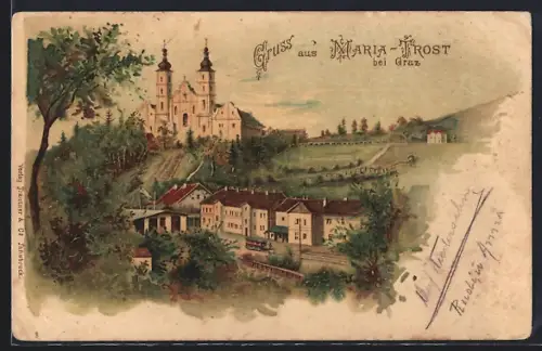 Lithographie Maria-Trost bei Graz, Gesamtansicht mit Strassenbahn aus der Vogelschau