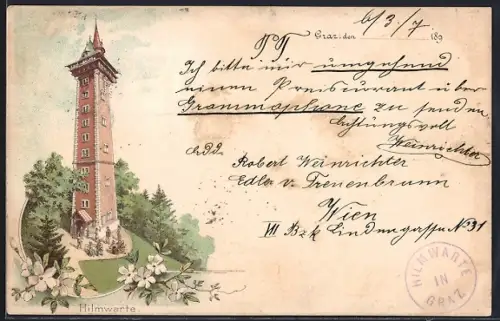 Lithographie Graz, Hilmwarte mit Besuchern, Blumen