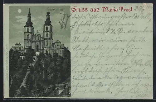 Mondschein-Lithographie Maria Trost, Kirche mit Treppenaufgang