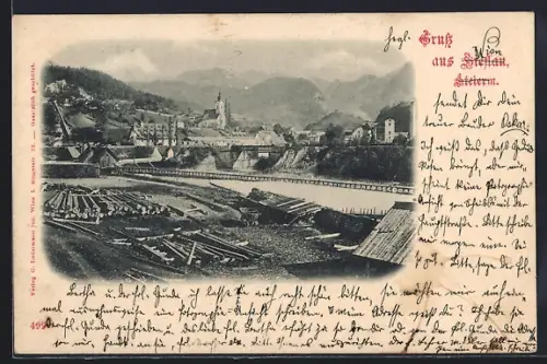 AK Hieflau /Sterm., Ortsansicht von einer Baustelle, Blick über den Fluss auf die Kirche