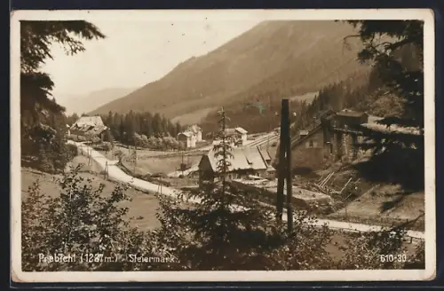AK Prebichl, Ortsansicht mit Landstrasse und Bergblick