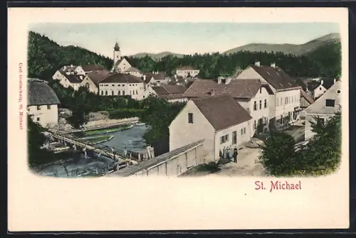AK St. Michael ob Leoben, Teilansicht mit Kirche und Brücke