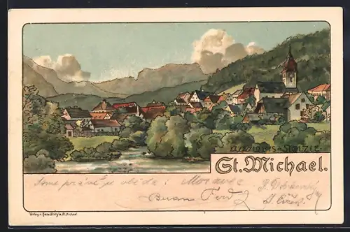 Künstler-AK St. Michael / Steiermark, Teilansicht mit Kirche