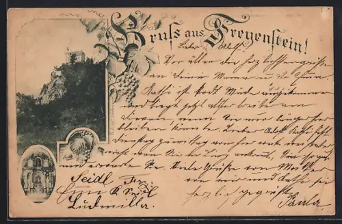 AK Freyenstein, Bergansicht mit Turmgebäude, Kircheninneres, Weintrauben