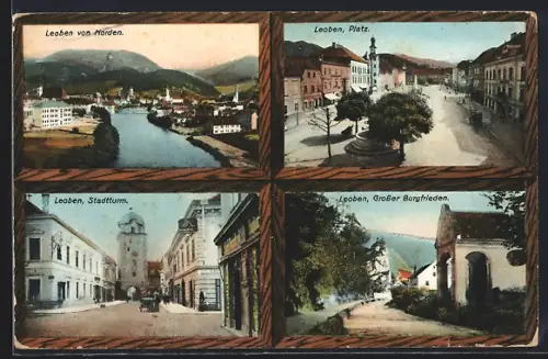 AK Leoben, Stadtturm mit Strasse, Grosser Burgfrieden, Ortsansicht von Norden, Rahmen