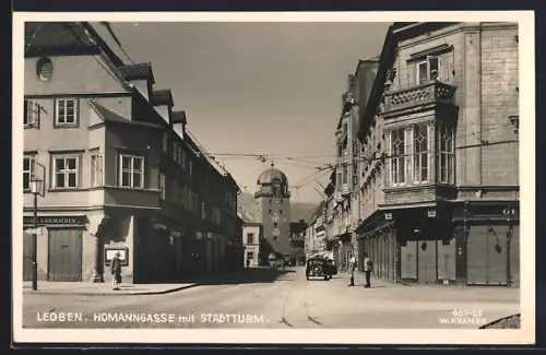 AK Leoben, Die Homanngasse mit dem Stadtturm