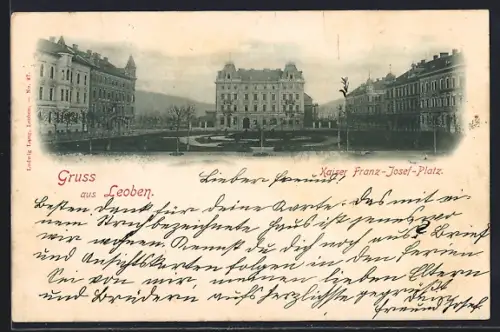 AK Leoben, Kaiser Franz-Josef-Platz mit Gebäude-Panorama