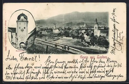 AK Leoben, Stadtthurm, Totalansicht mit Bergpanorama aus der Vogelschau