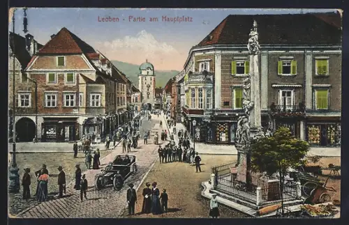 AK Leoben, Hauptplatz mit Denkmal und Stadtturm aus der Vogelschau