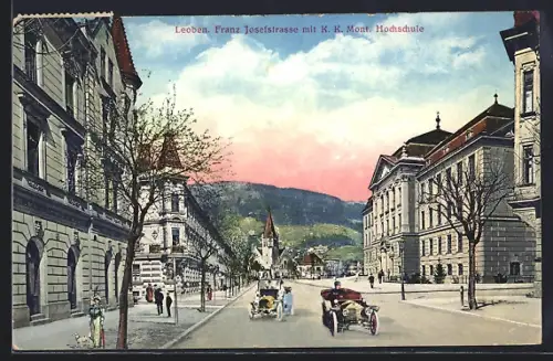 AK Leoben, Franz Josefstrasse mit K. K. Mont. Hochschule, Kreuzung, Kirche