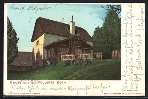 AK Leoben, Schmollhube, Gebäude mit Besuchergruppe, Soldaten