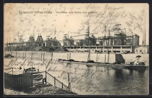 AK Rheinhausen / Duisburg, Friedrich-Alfred-Hütte, Hochöfen vom Hafen aus gesehen