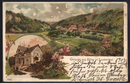 Lithographie Alling im Laaberthal, Ortsansicht, Gasthaus