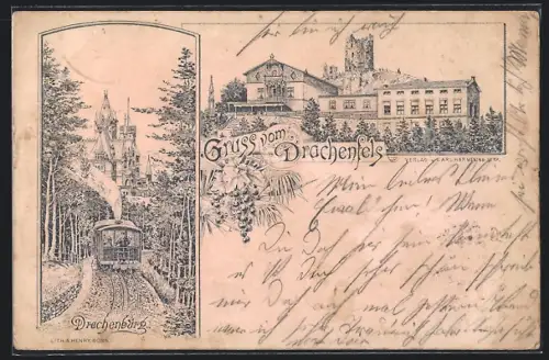 Lithographie Drachenfels, Hotel auf dem Drachenfels, Inh. Carl Harmening Ww., Drachenburg