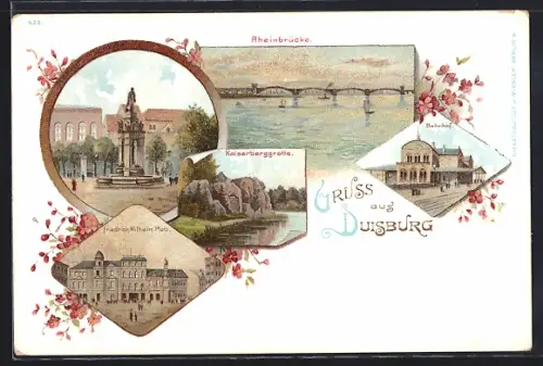 Lithographie Duisburg, Rheinbrücke, Kaiserbergsgrotte, Friedrich-Wilhelm-Platz, Bahnhof