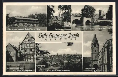 AK Treysa /Hessen, Gasthaus Onkel Tom`s Hütte, Johannismännchen auf dem Marktplatz, Hexenturm an der Schwalmbrücke