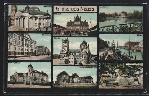 AK Neuss, Bahnhof, Münster, Schwann-Denkmal, Museum