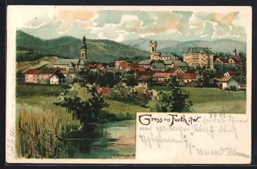 Lithographie Furth i. W., Ortsansicht mit Kirche und Schloss