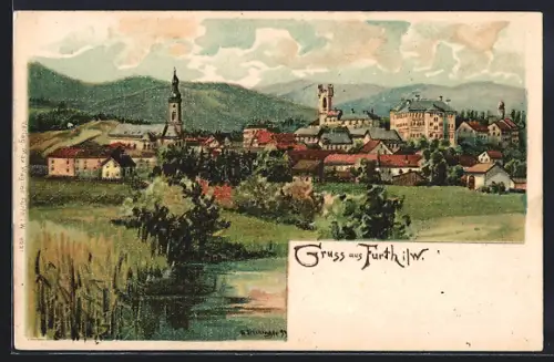 Lithographie Furth i. W., Ortsansicht mit Kirche