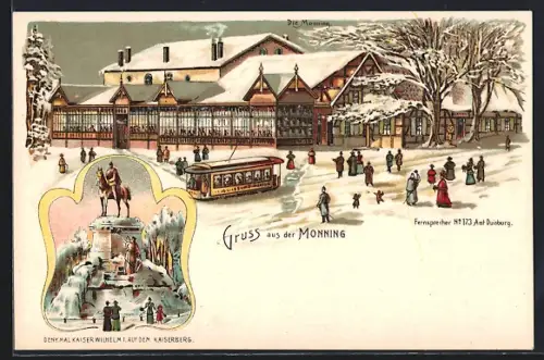 Lithographie Monning, Monning im Schnee, Strassenbahn, Denkmal Kaiser Wilhelm I. auf dem Kaiserberg