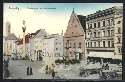 AK Straubing, Theresienplatz mit Jesuitenkirche