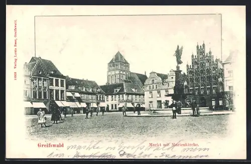 AK Greifswald, Markt mit Marienkirche