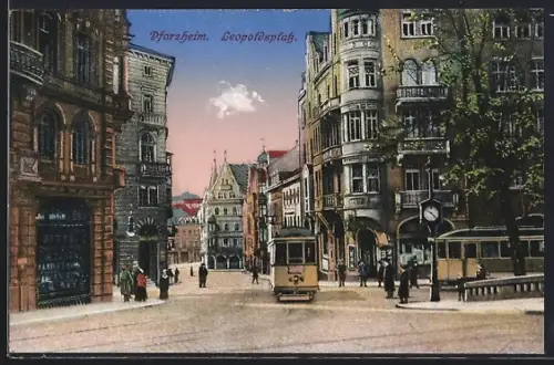 AK Pforzheim, Leopoldplatz, Strassenbahn