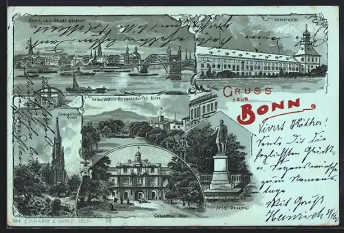 Mondschein-Lithographie Bonn, Universität, Coblenzer Thor, Arndt-Denkmal, Evangelische Kirche, Poppelsdorfer Allee