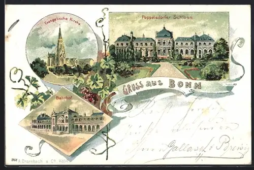 Lithographie Bonn, Poppelsdorfer Schloss, Evangelische Kirche, Bahnhof
