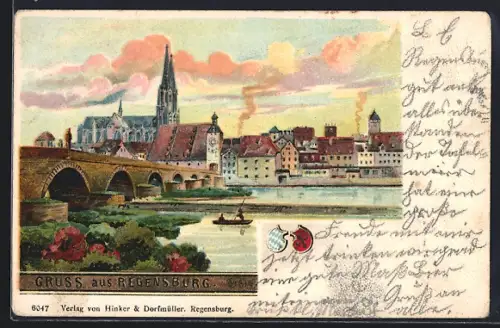 Lithographie Regensburg, Ortsansicht mit Flusspartie
