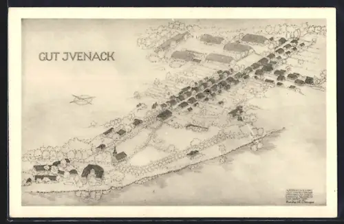 Künstler-AK Ivenack, Gut Ivenack aus der Luft