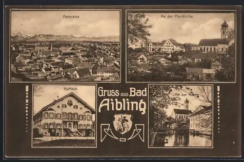 AK Bad Aibling, Panorama, Pfarrkirche, Kurhaus, Wappen