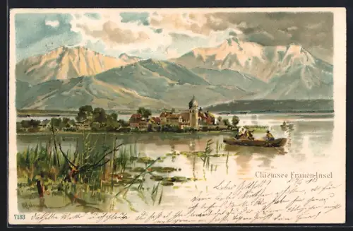 Lithographie Frauen-Insel /Chiemsee, Blick zur Frauen-Insel