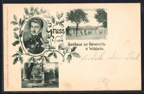 Lithographie Wöbbelin, Gasthaus zur Körnereiche, Porträt umrahmt von Eichenblättern