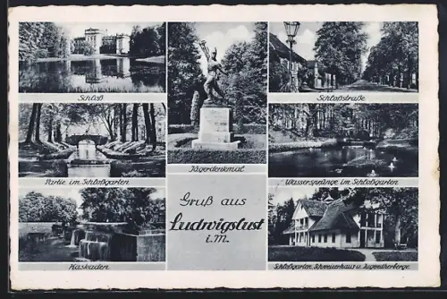 AK Ludwigslust i. M., Schloss, Schlossstrasse, Wassersprünge im Schlossgarten, Kaskaden, Jägerdenkmal