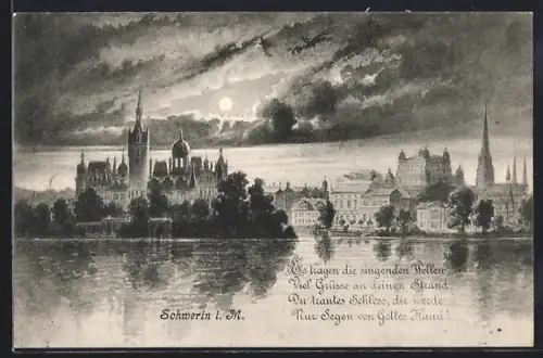 Künstler-AK Schwerin i. M., Schloss im Mondschein