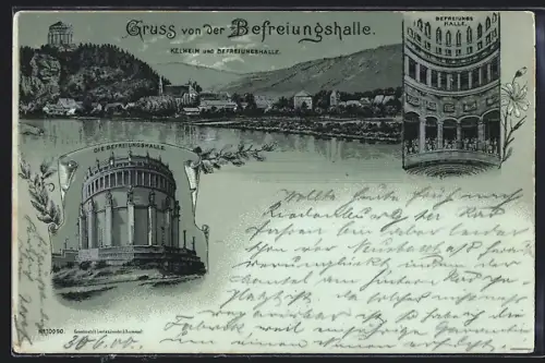Lithographie Kelheim, Befreiungshalle, Ortspanorama