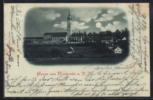 Mondschein-AK Neumarkt a. R., Kirche, Ortsansicht bei Nacht