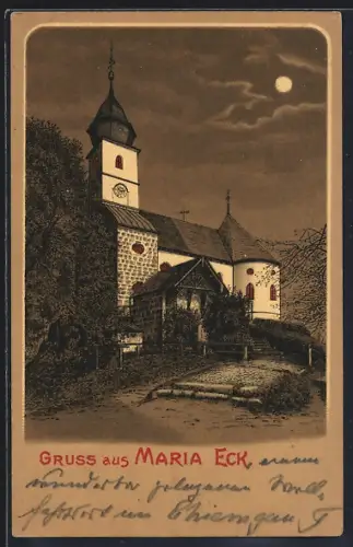 Mondschein-Lithographie Maria Eck, Wallfahrtskirche bei Nacht