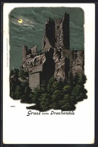 Mondschein-Lithographie Drachenfels, Burgruine bei Nacht
