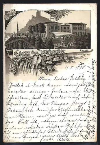 Vorläufer-Lithographie Drachenfels, 1890, Gasthof auf dem Plateau