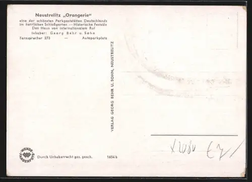 AK Neustrelitz, Orangerie, Inh. Georg Behr u. Sohn, Roter Saal