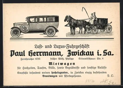 Lithographie Zwickau i. Sa., Last- und Luxus-Fuhrgeschäft Paul Herrmann, Mietwagen