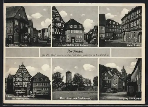 AK Kirchhain / Hessen, Gasthaus Blauer Löwe, Gänseburg, Strasse, Marktplatz mit Rathaus