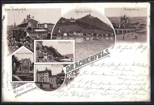 Lithographie Königswinter, Ruine Drachenfels, Drachenburg