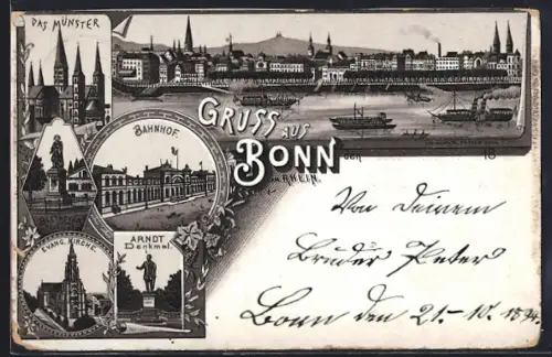 Lithographie Bonn, Münster, Bahnhof, Arndt-Denkmal, evangelische Kirche