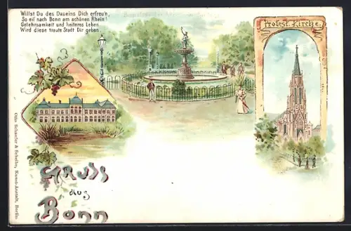 Lithographie Bonn, Protest. Kirche, Brunnen