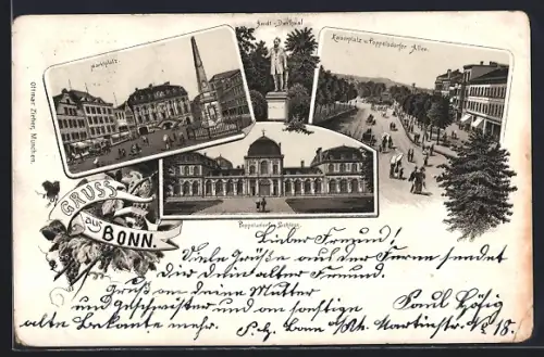 Lithographie Bonn, Marktplatz, Poppelsdorfer Schloss, Kaiserplatz mit Poppelsdorfer Allee