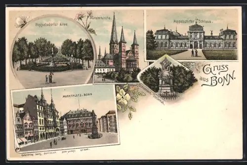 Lithographie Bonn, Münsterkirche, Poppelsdorfer Schloss, Marktplatz, Poppelsdorfer Allee